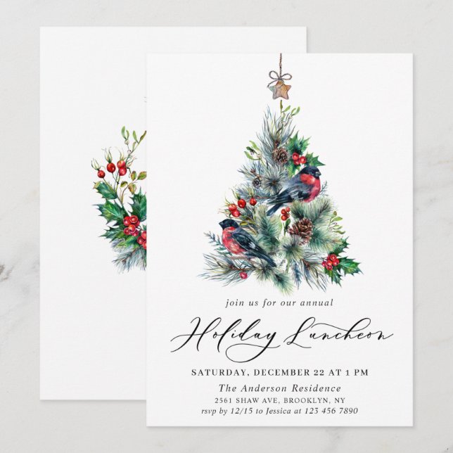 Watercolor Pine Tree Christmas Holiday Luncheon Invitation (Front/Back)