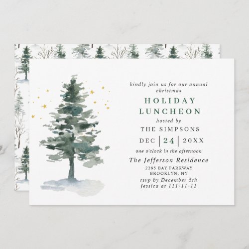 Watercolor Pine Tree Christmas Holiday Luncheon Invitation