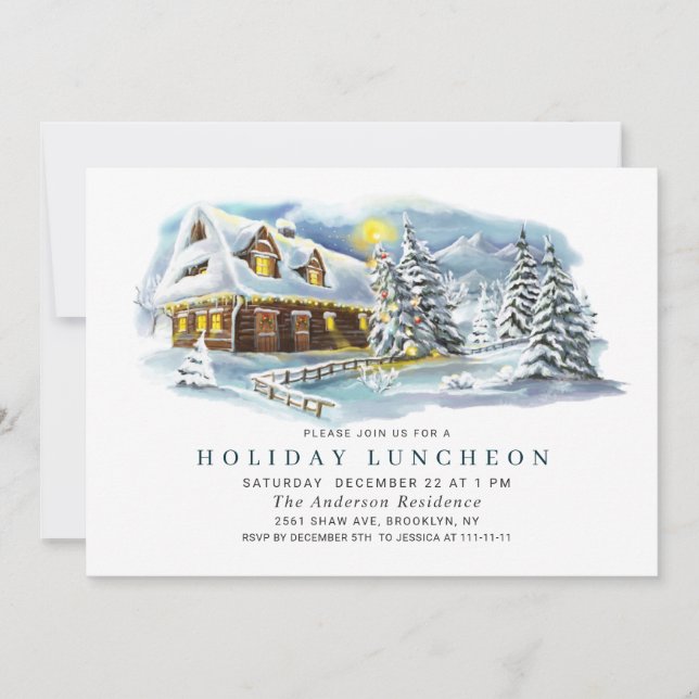 Watercolor Pine Tree Christmas HOLIDAY LUNCHEON Invitation (Front)