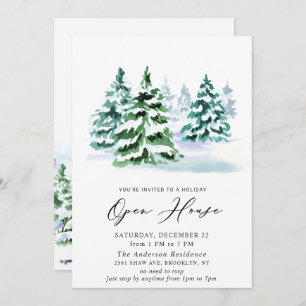 Watercolor Pine Tree Christmas Holiday Open House Invitation