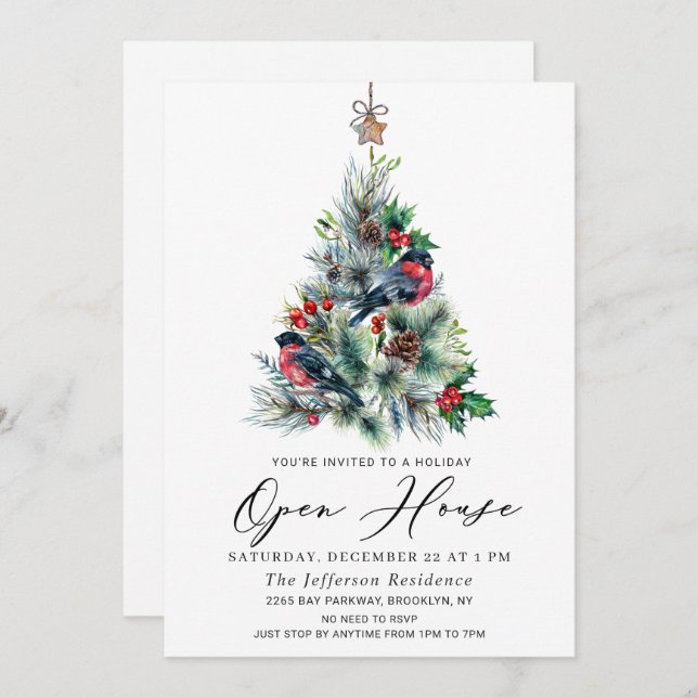 Watercolor Pine Tree Christmas Holiday Open House Invitation (Front/Back)