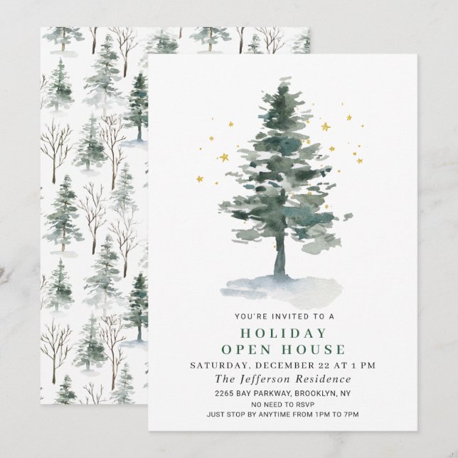 Watercolor Pine Tree Christmas Holiday Open House Invitation (Front/Back)