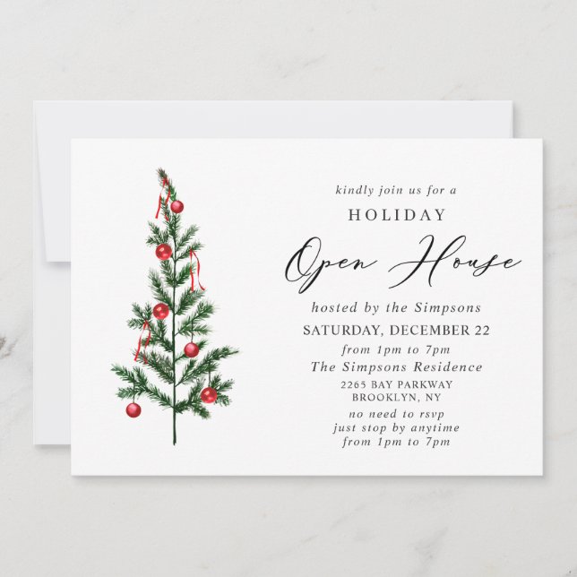 Watercolor Pine Tree Christmas Holiday Open House Invitation (Front)