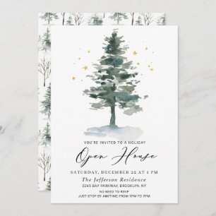 Watercolor Pine Tree Christmas Holiday Open House Invitation