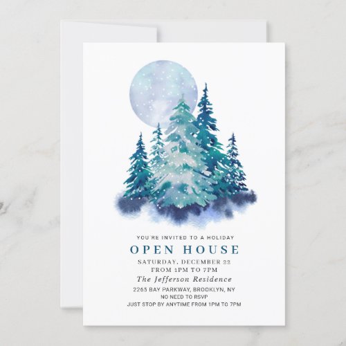 Watercolor Pine Tree Christmas Holiday Open House Invitation