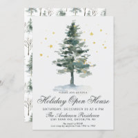 Watercolor Pine Tree Christmas Holiday Open House Invitation