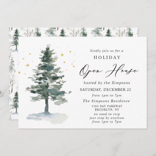 Watercolor Pine Tree Christmas Holiday Open House Invitation