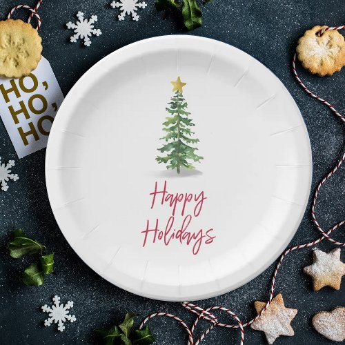 Watercolor Pine Tree Christmas Holiday Paper Plates