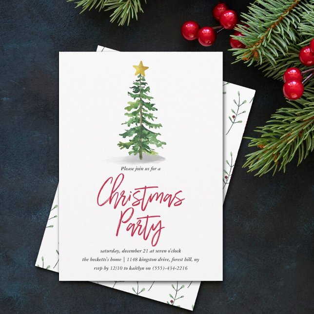 Watercolor Pine Tree Christmas Holiday Party Invitation (Creator Uploaded)