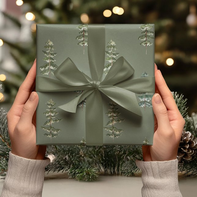 Watercolor Pine Tree Deep Sage Green Wrapping Paper (Creator Uploaded)