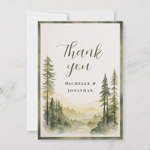 Watercolor Pine Tree Forest and Mountain Wedding  Thank You Card