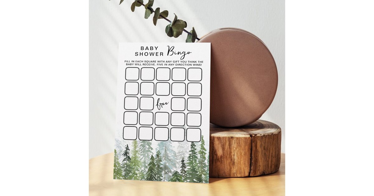 Watercolor Pine Tree Forest Baby Shower Bingo | Zazzle