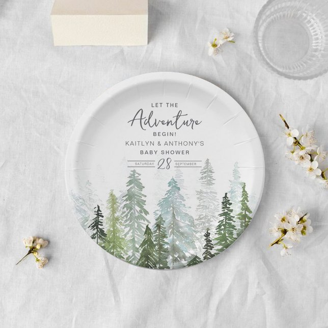 Watercolor Pine Tree Forest Baby Shower Paper Plates (Creator Uploaded)