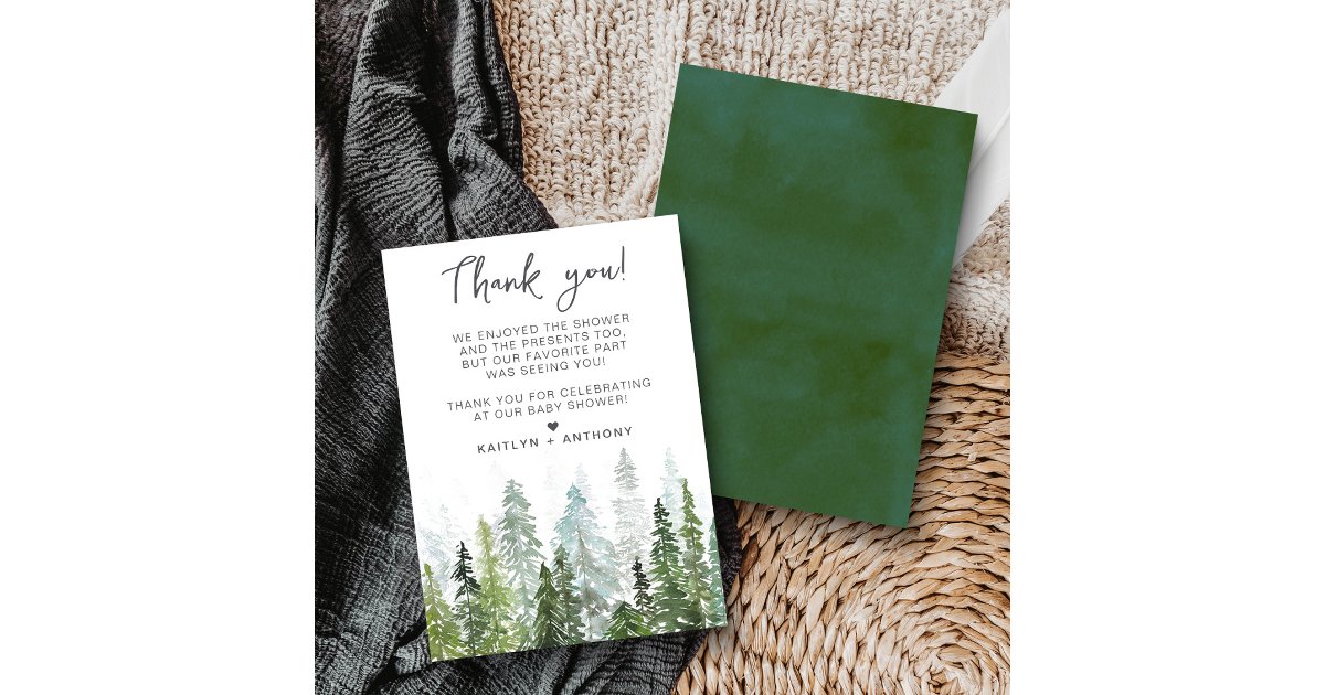Watercolor Pine Tree Forest Baby Shower Thank You Card | Zazzle