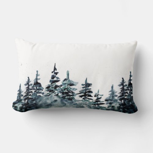 Watercolor Pine Tree Forest Black and White Lumbar Pillow