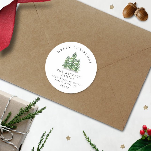 Watercolor Pine Tree Forest Christmas Classic Round Sticker (Creator Uploaded)