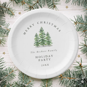 Watercolor Pine Tree Forest Holiday Party Paper Plates