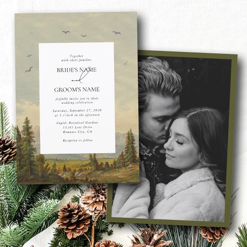 Watercolor Pine Tree Forest Mountain Wedding Photo Invitation