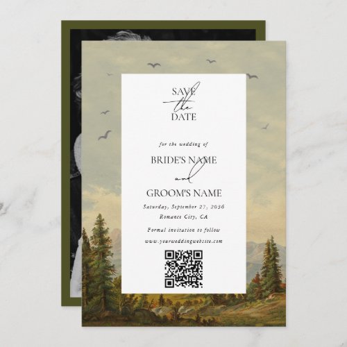 Watercolor Pine Tree Forest Mountain Wedding Photo Save The Date