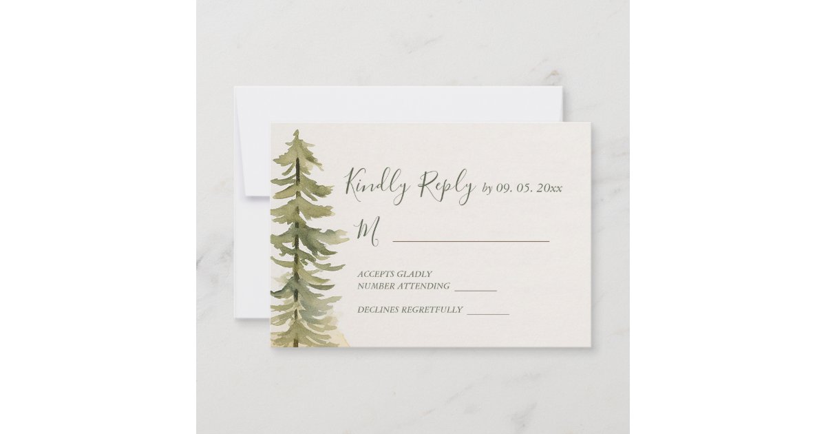 Watercolor Pine Tree Forest Mountain Wedding RSVP Card | Zazzle