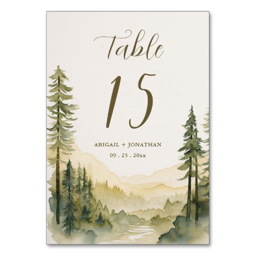 Watercolor Pine Tree Forest Mountain Wedding Table Number