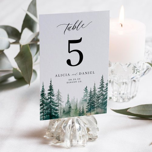 Watercolor pine tree forest mountain wedding table number
