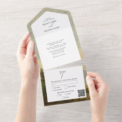 Watercolor Pine Tree Forest Mountains Wedding All In One Invitation