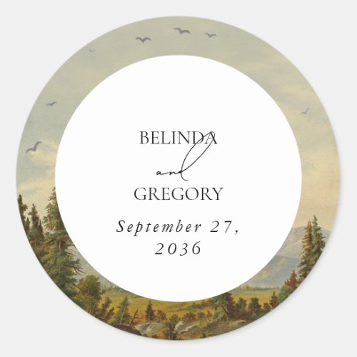 Watercolor Pine Tree Forest Mountains Wedding Classic Round Sticker