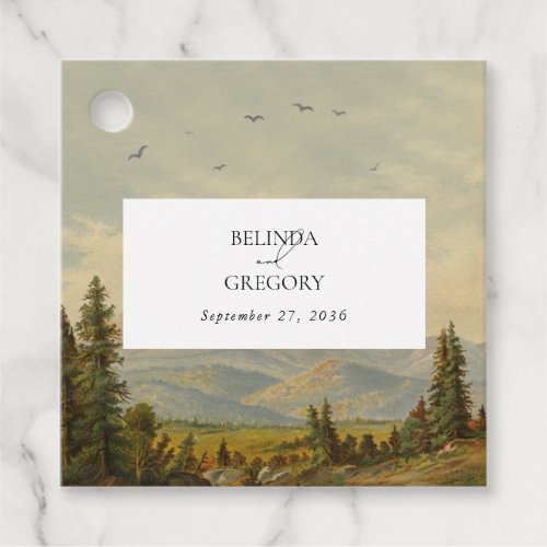 Watercolor Pine Tree Forest Mountains Wedding Favor Tags