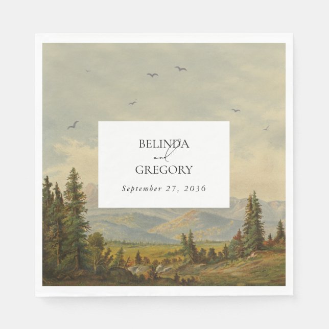Watercolor Pine Tree Forest Mountains Wedding Napkins (Front)