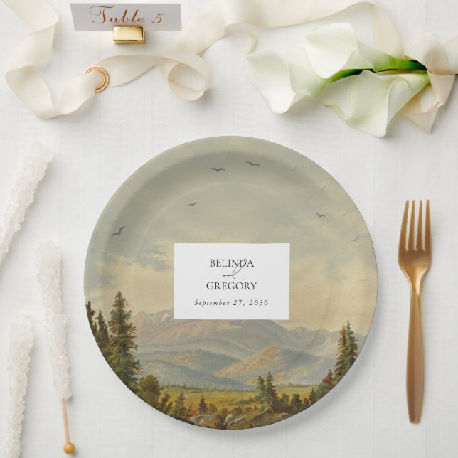 Watercolor Pine Tree Forest Mountains Wedding Paper Plates (Wedding)