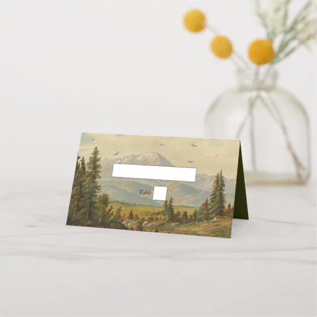 Watercolor Pine Tree Forest Mountains Wedding Place Card | Zazzle