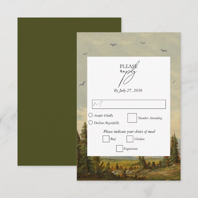 Watercolor Pine Tree Forest Mountains Wedding RSVP Card (Front/Back)
