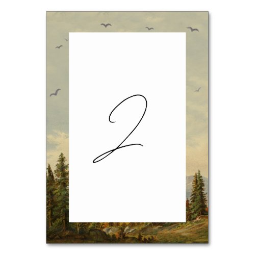 Watercolor Pine Tree Forest Mountains Wedding Table Number