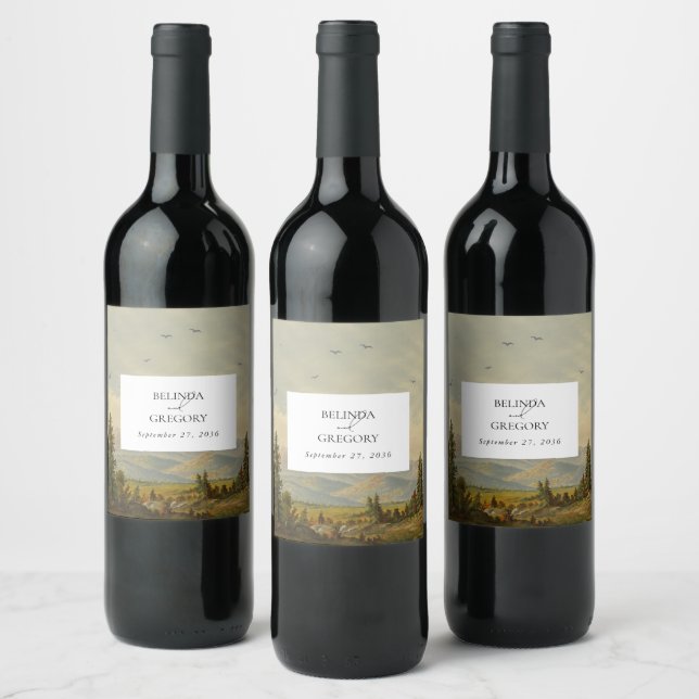 Watercolor Pine Tree Forest Mountains Wedding Wine Label (Bottles)