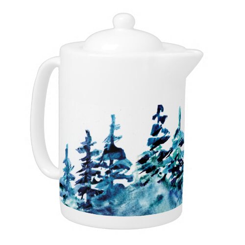 Watercolor Pine Tree Forest Panorama Green Teapot