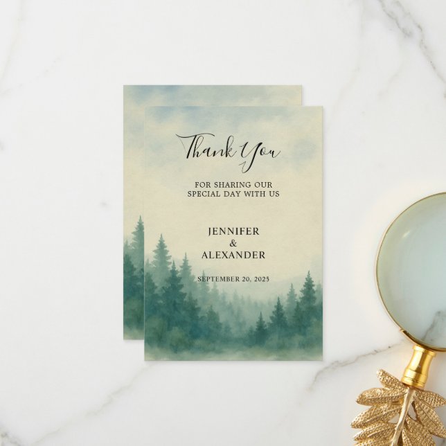 Watercolor pine tree forest Thank You wedding card (Front/Back In Situ)