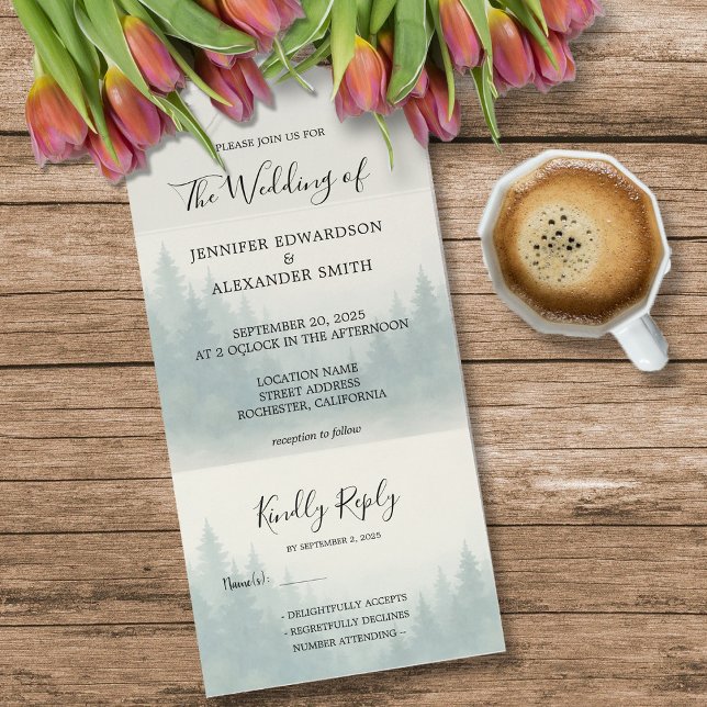Watercolor pine tree forest wedding all in one invitation (Watercolor pine tree forest wedding all in one invitation. Wedding invitation and RSVP card in one.)