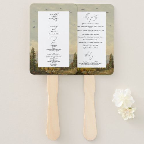 Watercolor Pine Tree Forest Wedding Itinerary  Hand Fan