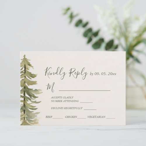 Watercolor Pine Tree Forest Wedding Meal Choices RSVP Card