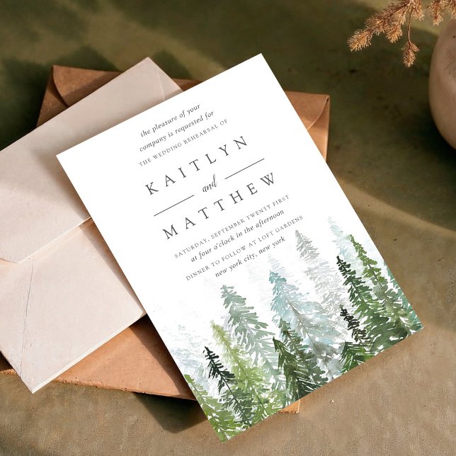 Watercolor Pine Tree Forest Wedding Rehearsal Invitation (Creator Uploaded)