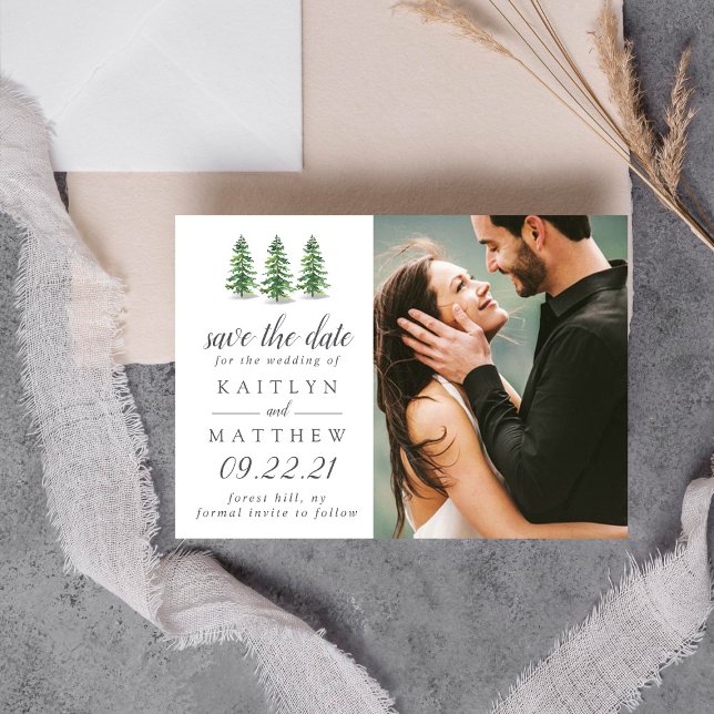 Watercolor Pine Tree Forest Wedding Save The Date (Creator Uploaded)