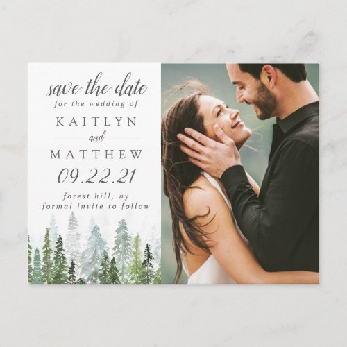 Watercolor Pine Tree Forest Wedding Save The Date Announcement Postcard