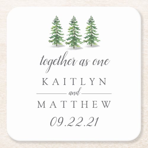 Watercolor Pine Tree Forest Wedding Save The Date  Square Paper Coaster