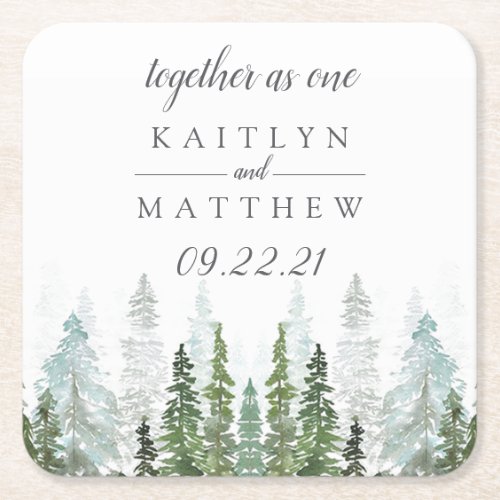 Watercolor Pine Tree Forest Wedding Save The Date Square Paper Coaster