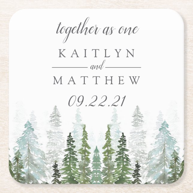 Watercolor Pine Tree Forest Wedding Save The Date Square Paper Coaster (Front)