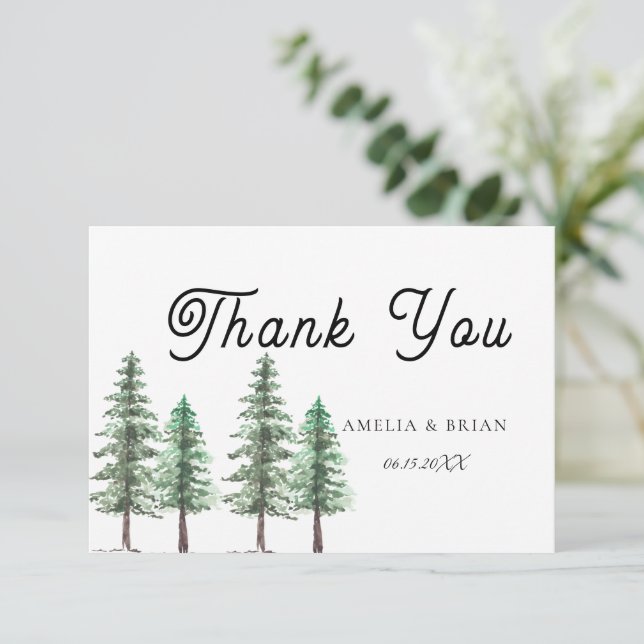 Watercolor Pine Tree Forest wedding Thank You Card (Standing Front)
