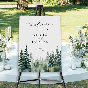 Watercolor pine tree forest wedding welcome sign
