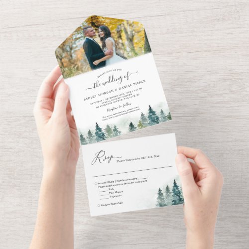 Watercolor Pine Tree Forest Woods Wedding Photo All In One Invitation