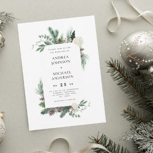 Watercolor Pine Tree Frame Rustic Winter Wedding Invitation